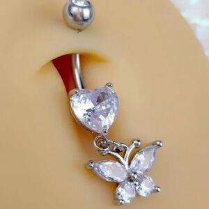 Butterfly Belly Bar Dangle with Diamonds, Silver Color